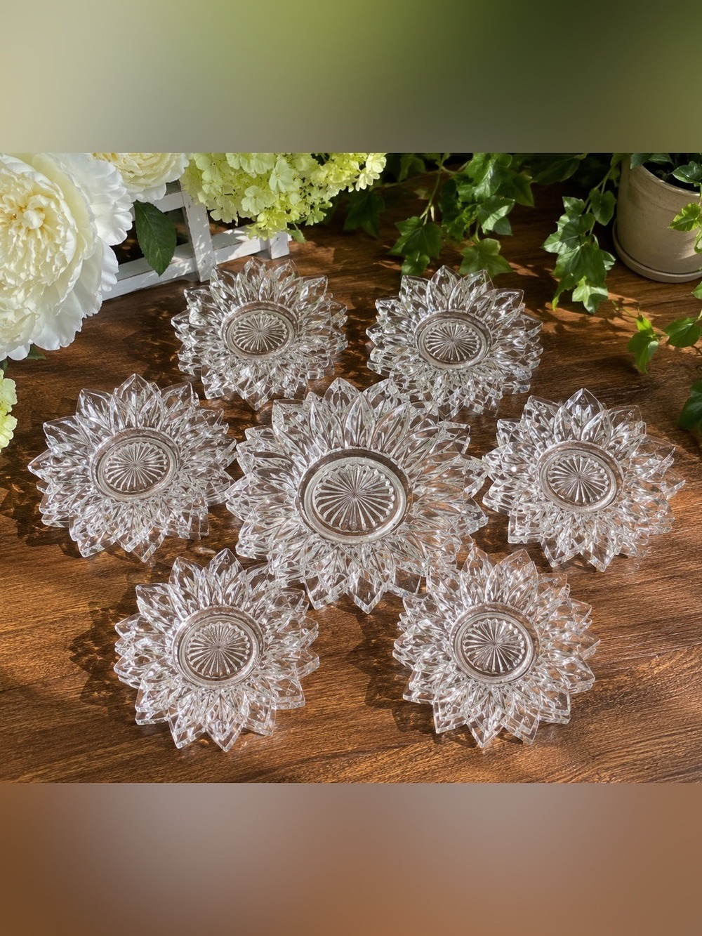 🌻 Set of 7 Vintage Cut Glass Sunflower Starburst Coasters & Display Centre Piece